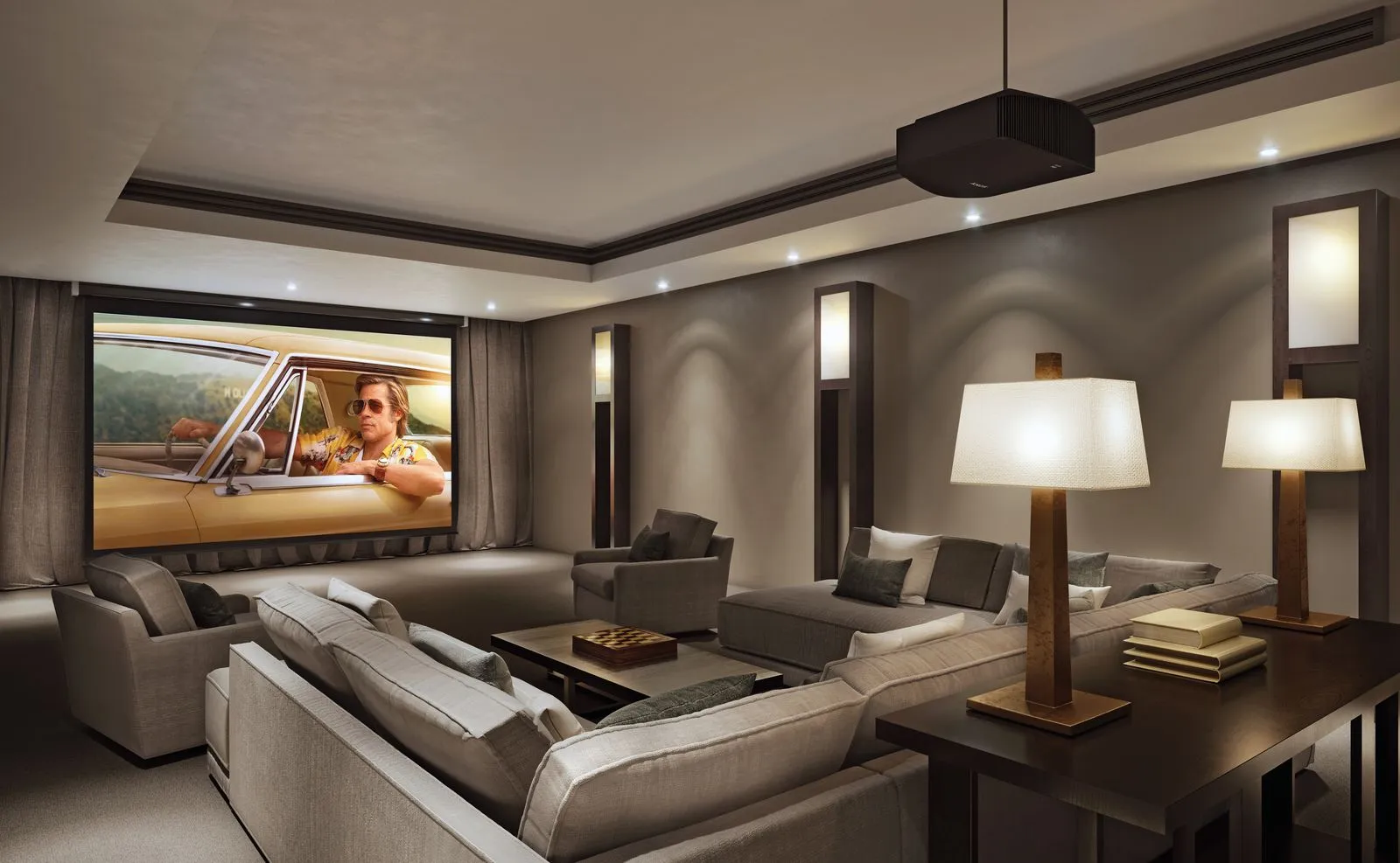 Home theater room with a projector screen, recessed lighting, and lounge seating