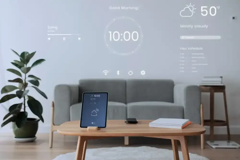 Living room with digital display showing time, weather, and schedule. Tablet on table; couch and plant in background.